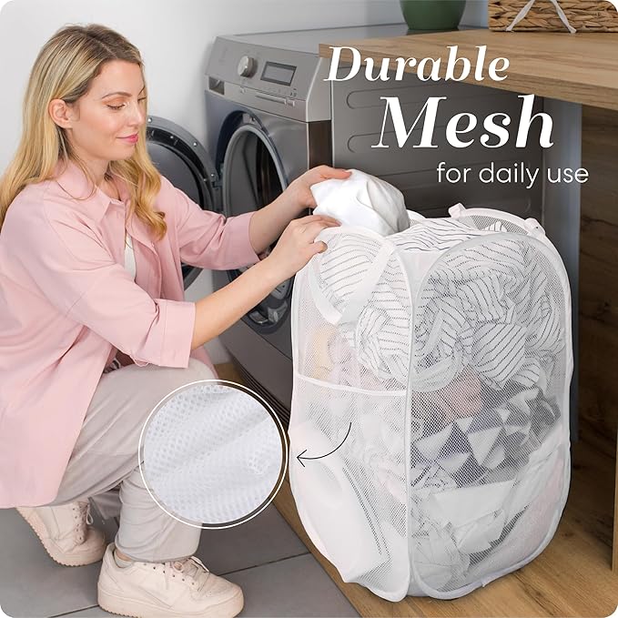 Handy Laundry Collapsible Mesh Pop Up Hamper with Wide Opening and Side Pocket - Breathable, Sturdy, Foldable, and Space-Saving Design for Clothes and Storage (White)