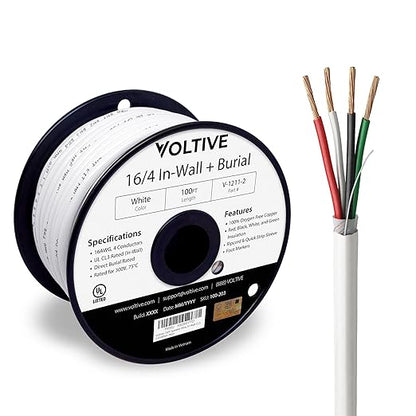 Voltive 16/4 Speaker Wire, in-Wall CL3 & Direct Burial, White, 100ft - 16AWG, 4 Conductors, Stranded Oxygen-Free Copper, UL Listed - V-1211-2