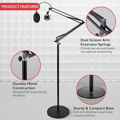 Pyle Microphone Boom Suspension Stand - Scissor Arm Mic Mount w/Shock Mount, Integrated Pop Filter, 3.1' ft. Max Extension, Suitable for Podcast Recording, Broadcasting, Streaming, Stage & Studio Use