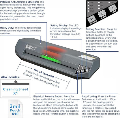 SINCHI 13" Commercial Laminator | 3–10 Mil, 4-Roller, 48s Warm-Up, 17s/Sheet, Heavy Duty No-Jam Design, Works with Cardstock & Dark Prints, Includes 10 Sheets, Ideal for Office, School & Business
