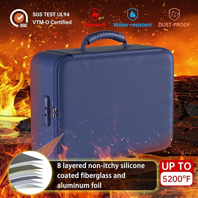 DocSafe 5200°F Document Organizer with Lock,Upgraded Heat Insulated Fireproof＆Waterproof Box 8 Layers File Organizer,Portable Home Travel Safe Storage for Important Documents, Files,Blue (Soft)