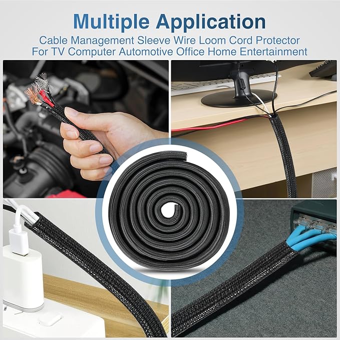 Nilight Cable Sleeve, 25ft-1inch Cord Management Sleeves, Braided Sleeving, Split Self Wrapping Wire Loom for Computer Electrical Automotive Harness Protector Organizer, Black