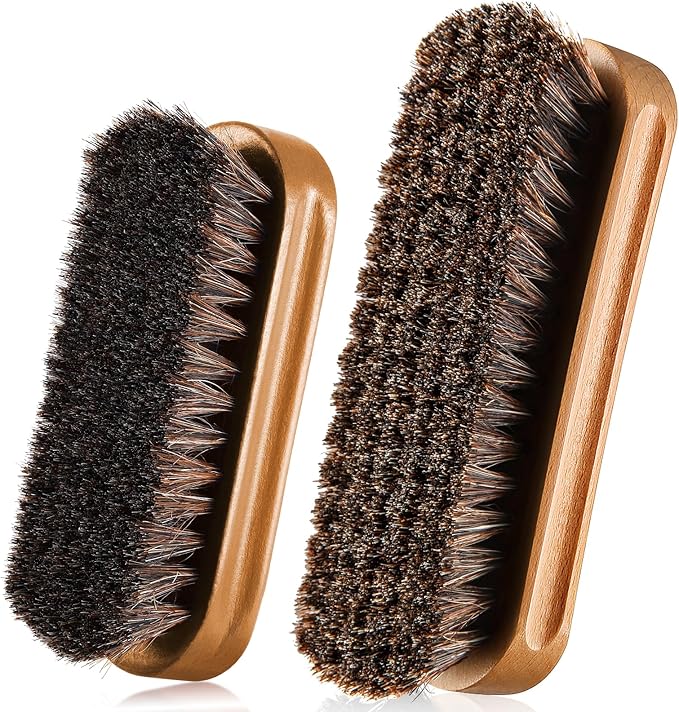2 Pcs Horsehair Shine Shoes Brush Kit Polish Dauber Applicators Cleaning Leather Shoes Boots Care Brushes Suede Cleaner Brush(Wooden Concaved Brush)
