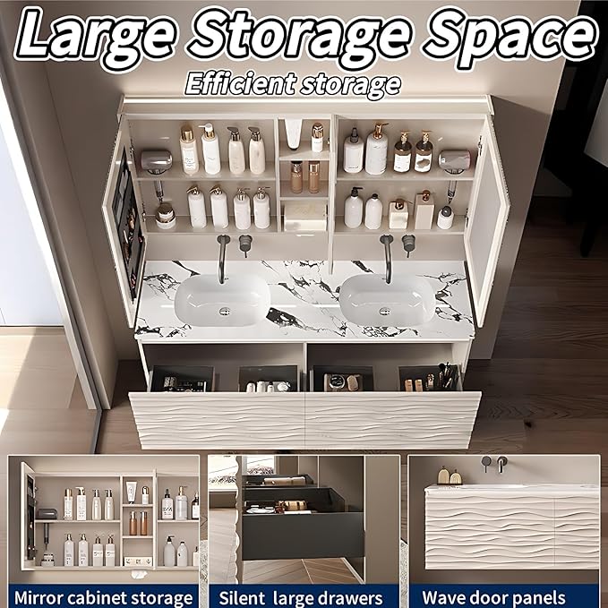 56IN Bathroom Vanity - Smart Defogging Mirror Cabinet | Waterproofing Technology & Wave Shaped Door Panel, Floating Bathroom Vanities with Large Storage Space (Mirror)