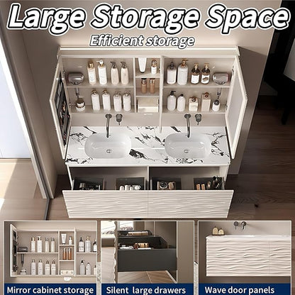 56IN Bathroom Vanity - Smart Defogging Mirror Cabinet | Waterproofing Technology & Wave Shaped Door Panel, Floating Bathroom Vanities with Large Storage Space (Mirror)