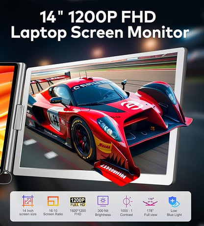 FOPO 14" Laptop Screen Extender, FHD 1200P IPS Monitor Extender, Just 1 Cable for 3 Screens Quad Monitor, Triple Extender for 12"-17.3" Laptops, Compatible with Windows 10/11 and Mac M1/M2/M3