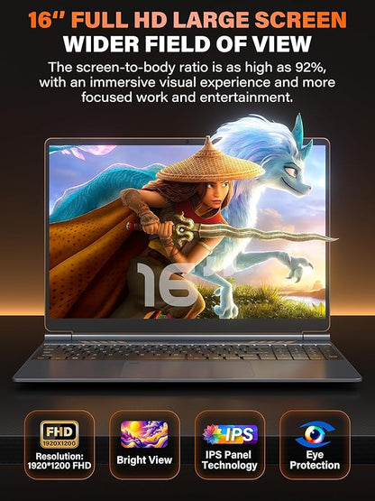 Rumtuk 16" Gaming Laptop Computer - Alder Lake N95 Processor (3.4GHz), FHD 1920 * 1200 IPS, 16G RAM, Fingerprint, Backlit Keyboard, 180° Hinge, Lightweight for Business & Student (1TB)
