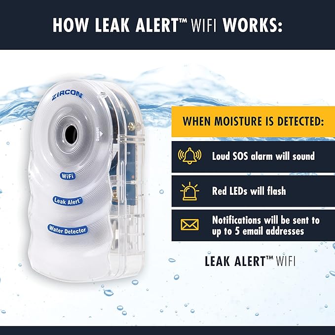Zircon Leak Alert Wifi - Smart Electronic Water Detector Alarm with Email, Audio & Visual Alerts - Battery Included,White