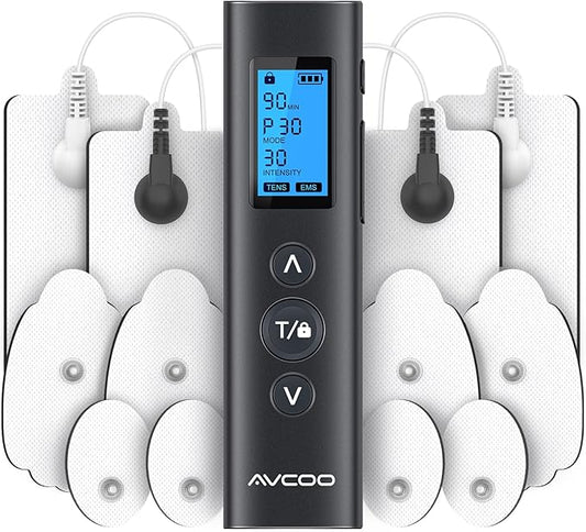 AVCOO 30 Modes TENS EMS Unit Compact Muscle Stimulator for Pain Relief of Back, Shoulder, Neck, Rechargeable & Portable Dual Channel EMS Muscle Stimulator with 30 Intensity Levels, 12 Electrode Pads