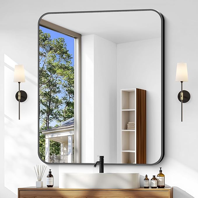 Bathroom Mirror, 36 x 30 inch Metal Framed Black Rectangle Mirror, Rounded Corner Rectangular Vanity Mirror, Wall Mounted Mirror for Modern Bedroom Living Room Hangs Horizontal or Vertical