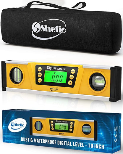 Shefio Digital Level - 10 Inch Torpedo Level And Protractor, Bright Lcd Display, Audio Indicator, Magnetic Base - Includes Batteries And Case