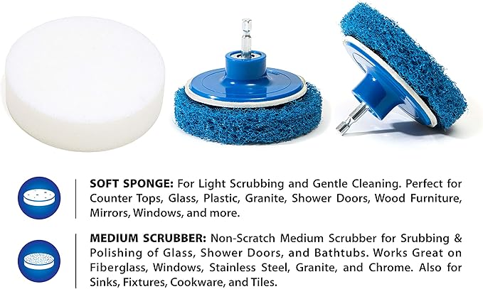 RevoClean 4 Piece Scrub Brush Power Drill Attachments-All Purpose Time Saving Kit-Perfect for Cleaning Grout, Tile, Counter, Shower, Grill, Floor, Kitchen, Blue & White