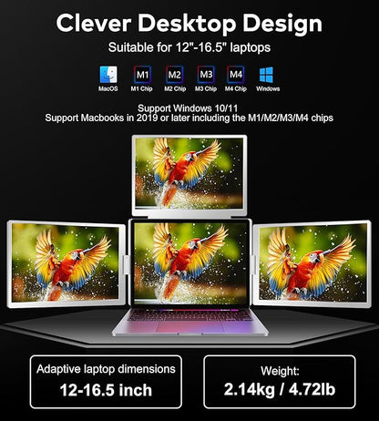 FOPO 14" Laptop Screen Extender, FHD 1200P IPS Monitor Extender, Just 1 Cable for 3 Screens Quad Monitor, Triple Extender for 12"-17.3" Laptops, Compatible with Windows 10/11 and Mac M1/M2/M3