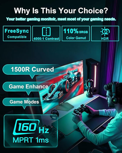 SANSUI 27 Inch Curved 160Hz Gaming Monitor, 1500R Curved Computer Gaming Monitor FHD 1080P, 4000:1, 110% sRGB, FPS/RTS, 1Ms MPRT|FreeSync|HDR|Low Blue Light|HDMI DP| VESA Support, HDMI Cable Incl.