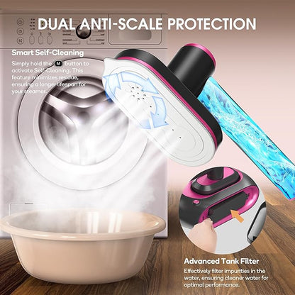 Newbealer 2In1 Pro Steam Station Iron, 1550W Turbo 3-level Steam & 3 Dry Heat Modes for Clothes, 30s Heat Up, 1.2L Detachable Tank, Auto-Off, Self Cleaning, Versatile for Home & Hotel (Ashpink)