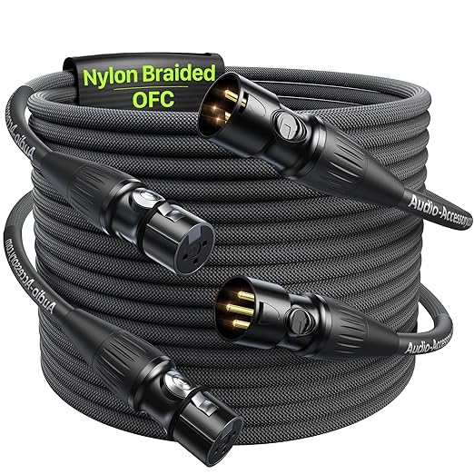 XLR Cables 20ft 2 Pack, Gold-Plated Neutrik REAN Connectors, Kevlar-Reinforced Nylon Braided Microphone Cable, 99.99% 21AWG OFC, Shielded and Balanced Male to Female Mic Cord for Studio, Live, Podcast
