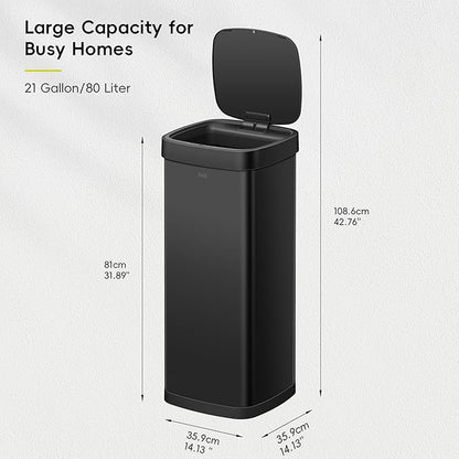 EKO EcoSmart 80L / 21.1 Gallon Motion Sensor Trash Can – Tall, Large Touchless Automatic Kitchen Garbage Bin with Soft-Close Lid for Home or Office, Brushed Stainless Steel, Matte Black