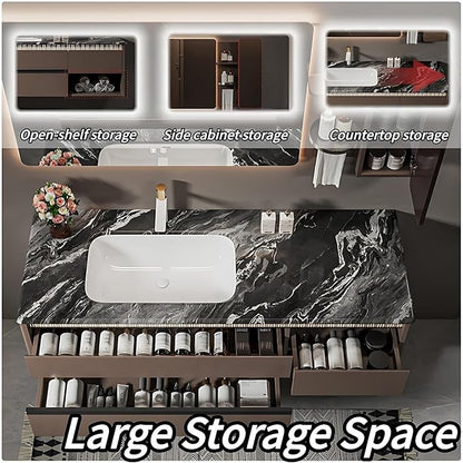Modern Bathroom Vanity - Spacious Deep Sink | Defogging LED Mirror & Human Body Sensor Light, Open Side Panel, Floating Smart Bathroom Vanities (60IN)