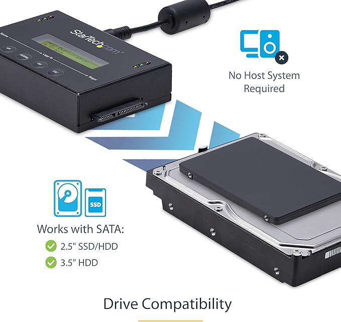 StarTech.com 1:1 Standalone Hard Drive Duplicator & Eraser, SATA HDD / SSD Disk Cloner / Copier / Wiper / Sanitizer, Cloning / Recovery Tool, LCD Display, TAA Compliant, OS Independent (SATDUP11)
