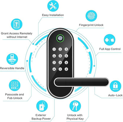 Fingerprint Smart Door Lock with Handle & Keypad – No More Lost Keys, Keyless Entry & Remote Access for Home, Kids, Airbnb & Rental Property, DIY Install, Alexa & Google Compatible