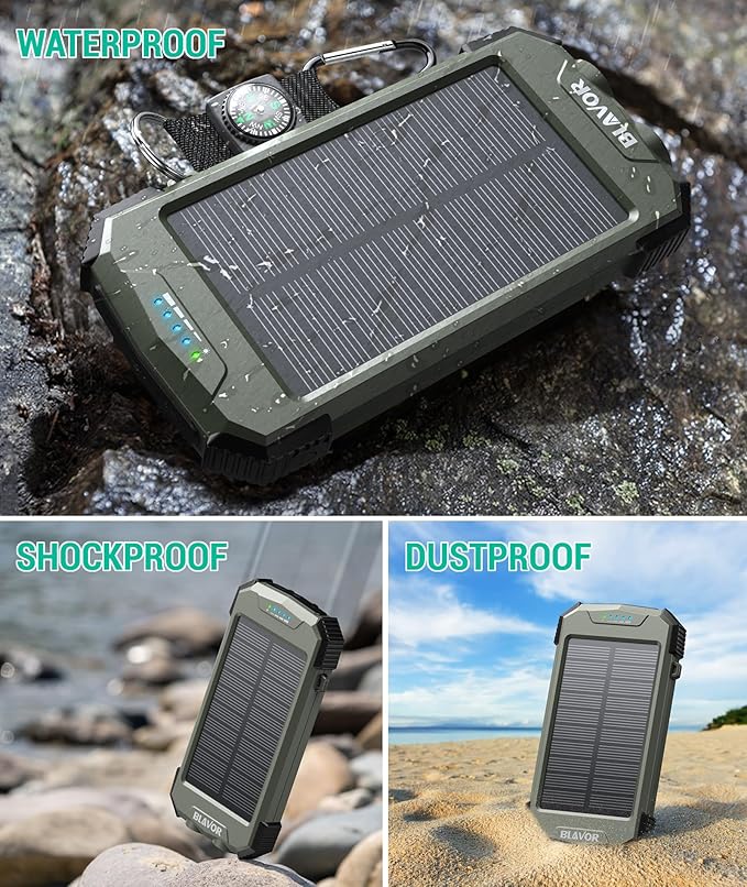 BLAVOR Solar Power Bank 10,000mAh, Portable Wireless Charger, 20W Fast Charging External Battery Pack with USB C for Cell Phones, Solar Panel Charging with Dual Flashlight for Camping
