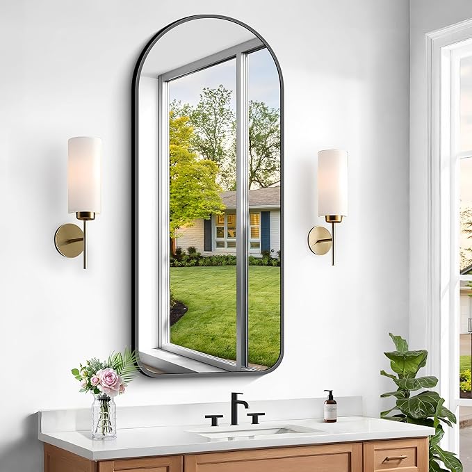 Arched Bathroom Mirror, 16"x48" Black Arched Mirror for Bathroom, Wall Mounted Mirror, Vanity Wall Mirror w/Metal Frame for Bedroom, Entryway, Living Room, Vertically Hanging