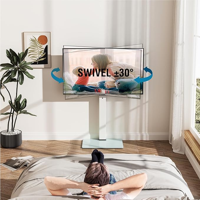 FITUEYES Swivel Floor TV Stand with Mount for TVs 37 43 50 55 60 65 70 75 Inch LCD LED Flat/Curved Screens Universal Swivel Televisions TV Mount Stand for Bedroom Living Room Black Tempered Glass Base