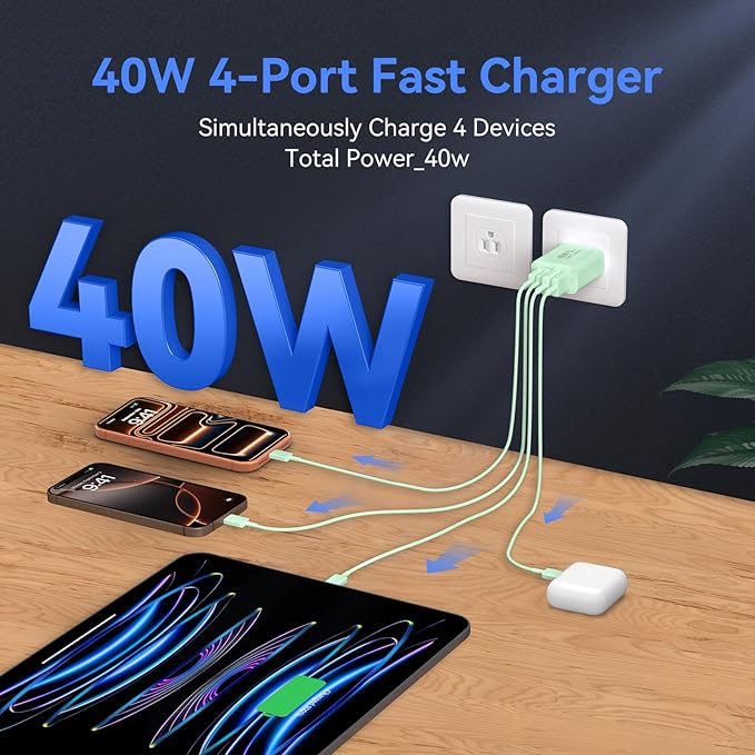 USB C Wall Fast Charger Block, 40W 4-Port Type C Chargers Fast Charging Blocks PD Power Charger Adapter+QC 3.0 USB Multiport Charger Brick for Phone 17/16/15/14/13/12 Pro Max, i-Pad, Galaxy S25-2Pack