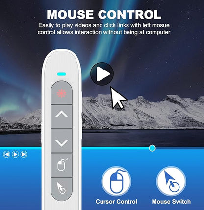 DinoFire Wireless Presentation Remote with Air Mouse White, RF 2.4GZ Rechargeable USB C Slide Clicker for Powerpoint Presentations for Laptop/Computer/MAC