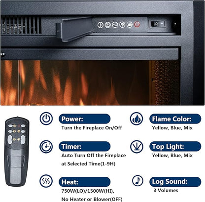 Velaychimny 40" Electric Fireplace Insert with Metal Trim Kit, Adjustable Flame, Fire Crackling Sound, Top Light Colors, Timer, Glass Door & Mesh Screen, Black
