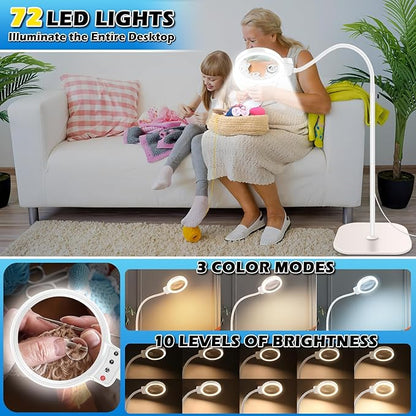 30X 10X Large Floor Magnifying Glass with Light and Stand,72 LED Flexible Gooseneck Floor Magnifying Lamp,2 in 1 Lighted Magnifiers for Close Work, Sewing,Crafts,Hobbies（White）