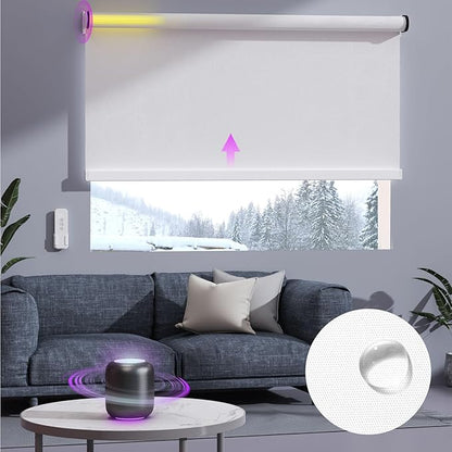 Astomi Motorized Smart Blinds for Windows, Automatic Roller Blackout Shades with Remote Control Compatible with Alexa Google Assistant Customized, Vinyl-Pure White