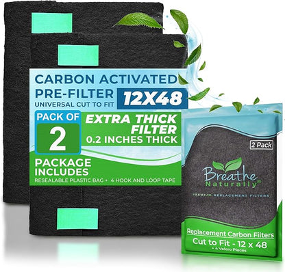 Breathe Naturally Universal Cut To Fit Carbon Activated Air Filter - Replacement Charcoal Filters - Pre Filter Carbon Sheet for Air Purifier, Vent Filters & More - Packed in USA (Pack of 2, 12x48)