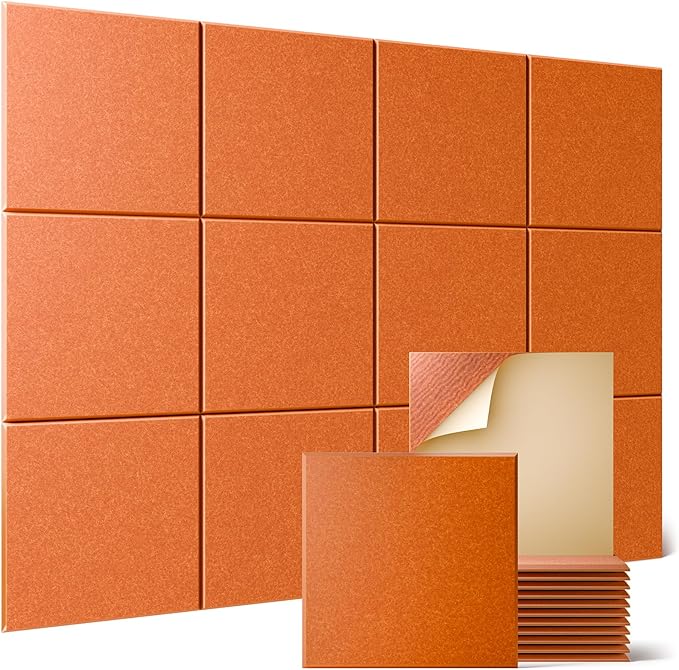 Sonicism 12 Pack Acoustic Wall Panels with Self-Adhesive, 12" X 12" X 0.4" Sound Proof Foam Panels, Decorative Soundproof Wall Panels, Sound Proof Absorbing Tiles for Home & Offices, Orange