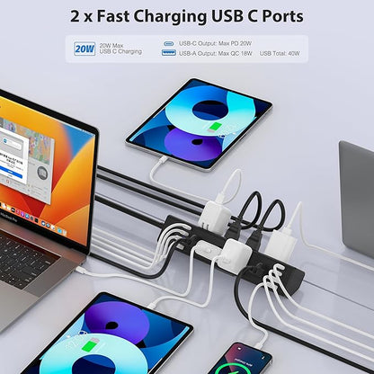 40W Fast Charging Station,Desk Clamp Power Strip 20W USB C,8 Outlets,8 USB Ports,4 USB C and 4 USB A, Office Furniture Nightstand Edge Mount Surge Protector, 14AWG Cord, Fits 1.9" Tabletop Edge