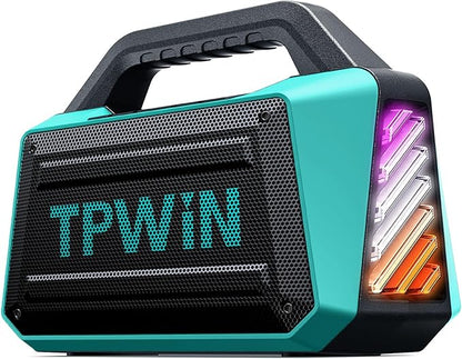 TPWIN Powerful 80W Outdoor Bluetooth Speaker: IPX6 Waterproof, Rugged, 20H Playtime, Deep Bass, Lightshow, TWS, BT 5.3 Wireless, Portable for Travel Hiking Camping Beach Pool - Teal