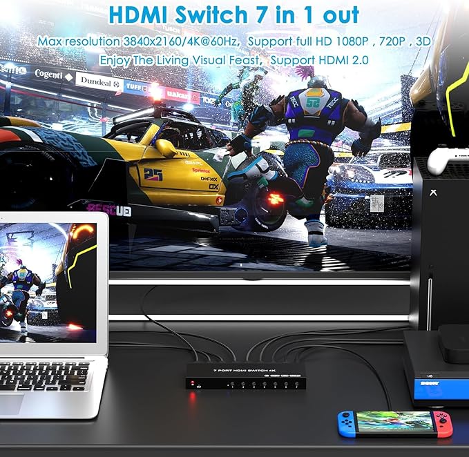 7 Way HDMI Switch 4k@60Hz HDMI Switcher 7 in 1 Out HDCP 2.0 Manual HDMI 2.0 Hub Supports 3D Compatible with Nintendo Switch/Switch OLED/Xbox/ PS5/4/3 Blu-Ray Player Fire Stick Roku Apple TV Chromeca