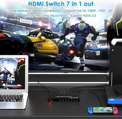 7 Way HDMI Switch 4k@60Hz HDMI Switcher 7 in 1 Out HDCP 2.0 Manual HDMI 2.0 Hub Supports 3D Compatible with Nintendo Switch/Switch OLED/Xbox/ PS5/4/3 Blu-Ray Player Fire Stick Roku Apple TV Chromeca