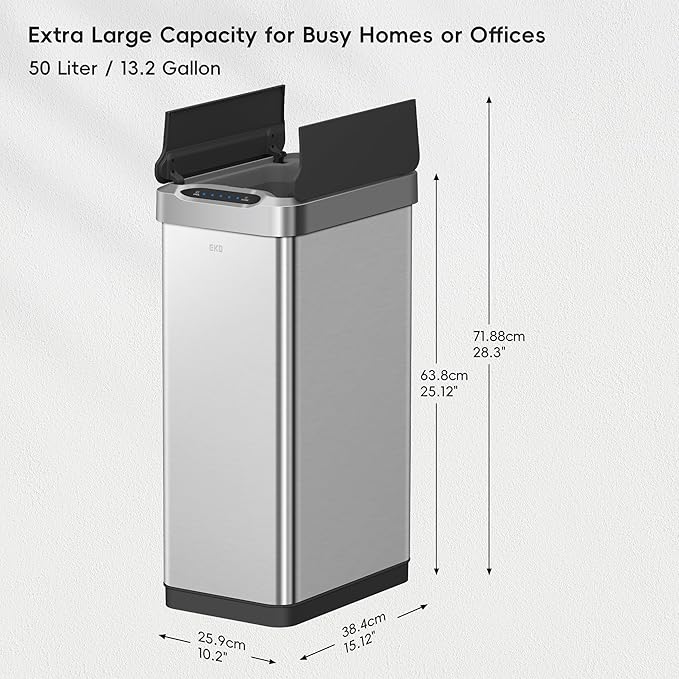 EKO Phantom-T 50 Liter / 13.2 Gallon Vertical Motion Sensor Trash Can, Brushed Stainless Steel Finish