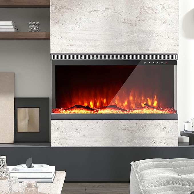 Charavector 30 inch 3-Sided Electric Fireplace Inserts with Remote Control in Wall Mounted, Energy Saving Insert Fireplace Heater Indoor Glass View with Remote Control & Touch Screen