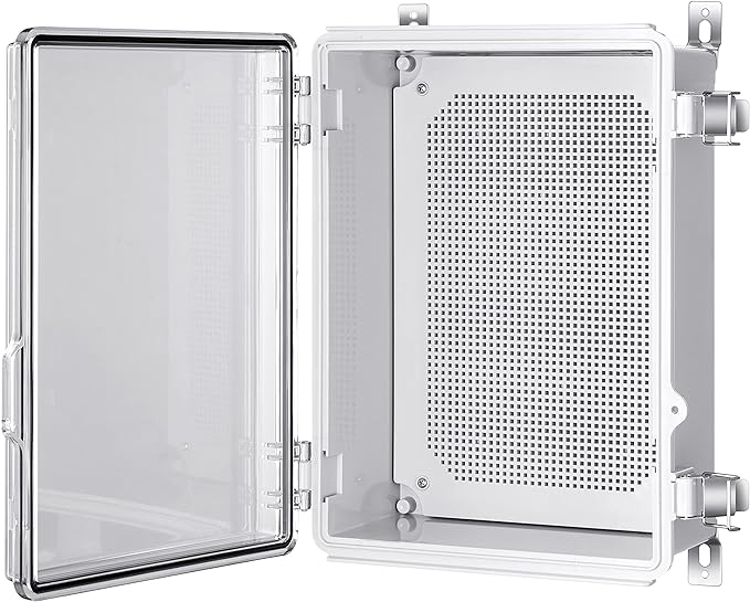 Gratury Junction Box, IP67 Waterproof Plastic Enclosure for Electrical Project, Hinged Grey Cover, Includes Mounting Plate and Wall Bracket (Transparent Cover, 14.6"×10.6"×5.9")