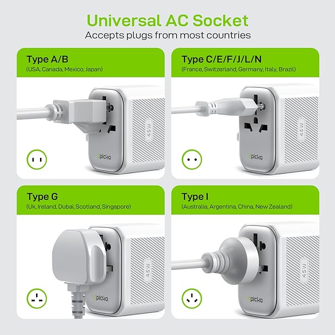 EPICKA Pulse 45W European Travel Plug Adapter, Universal Power Adapter with PD Fast Charging, 5-Port (1 AC/2 USB-A/2 USB-C) International Charger Adapter for Europe, Japan - Travel Essentials (White)