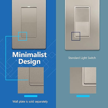 LIDER Minimalist Design Matte Finish Lighted Decorator Switch, Frameless Paddle Light Switch with Locator Light, Grounding Screw, 15A 125V, UL Listed, LS15-1P-NK, Nickel