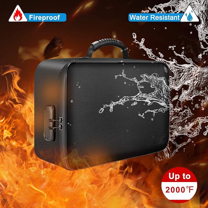 DocSafe Document Bag with Lock,Fireproof 3-Layer File Storage Case with Water-Resistant Zipper,Document Safe Portable Travel Home Organizer Bag for Laptop,Files,Certificates,Gifts for Him,Black