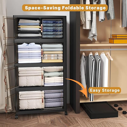 Extra Large Stackable Storage Bins with Lids & Wheels, 220QT-55QT/14GAL*4Pack Foldable Collapsible Closet Organizers Dark Storage Cabinet with Doors for Bedroom Dorm