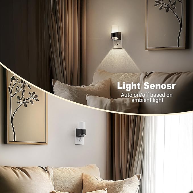 JandCase LED Night Lights Plug into Wall, Decorative Night Light with Dusk to Dawn Sensor, Adjustable Brightness, 5000K Daylight White Nightlight Plug in for Kids, Bathroom, Hallway, Bedroom, Stairway