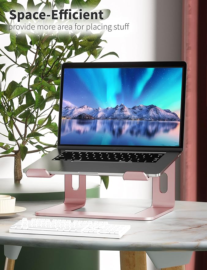 SOUNDANCE Laptop Stand, Aluminum Computer Riser, Ergonomic Laptops Elevator for Desk, Metal Holder Compatible with 10 to 15.6 Inches Notebook Computer, Gold Pink