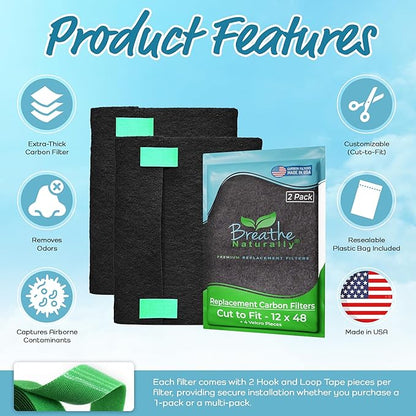 Breathe Naturally Universal Cut To Fit Carbon Activated Air Filter - Replacement Charcoal Filters - Pre Filter Carbon Sheet for Air Purifier, Vent Filters & More - Packed in USA (Pack of 2, 12x48)