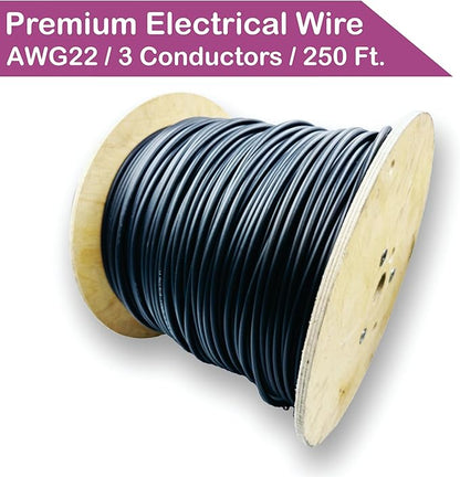 NATIONAL Wire & Cable – 22 AWG 3-Conductor Premium Copper Wire, 250 ft, Stranded | Made in USA, Flexible Jacket | Electronics, Alarms, Signal Wiring, DIY, Indoor and Outdoor Use
