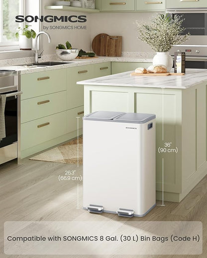 SONGMICS Trash Can, 2 x 8 Gallon (2 x 30 L) Dual-Compartment Garbage Can with Soft-Close Lid, Pedal and Inner Buckets, Stainless Steel, Includes 15 Liner Bags, Matte White ULTB741W01